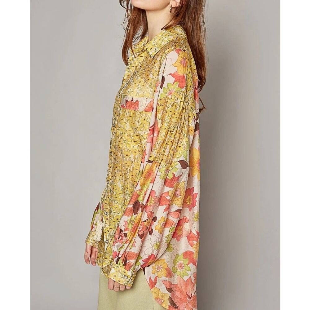 POL M/L Mixed Floral Patchwork Button Down Tunic Blouse Oversized Boho